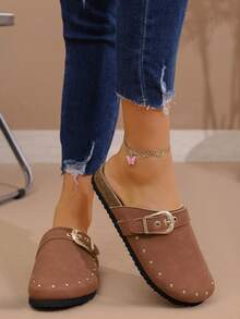 Women's Plus Size Slip-On Mule Slippers, Fashion Versatile Rivet Decor Flat Loafers, Fall, Autumn, Spring/Summer - Camel - View 1