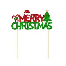 1Pc Merry Christmas Cake Topper Red And Green Glitter Cake Decorations Christmas Theme New Year Holiday Birthday Party Cake Decorations Supplies - Multicolor - View 6