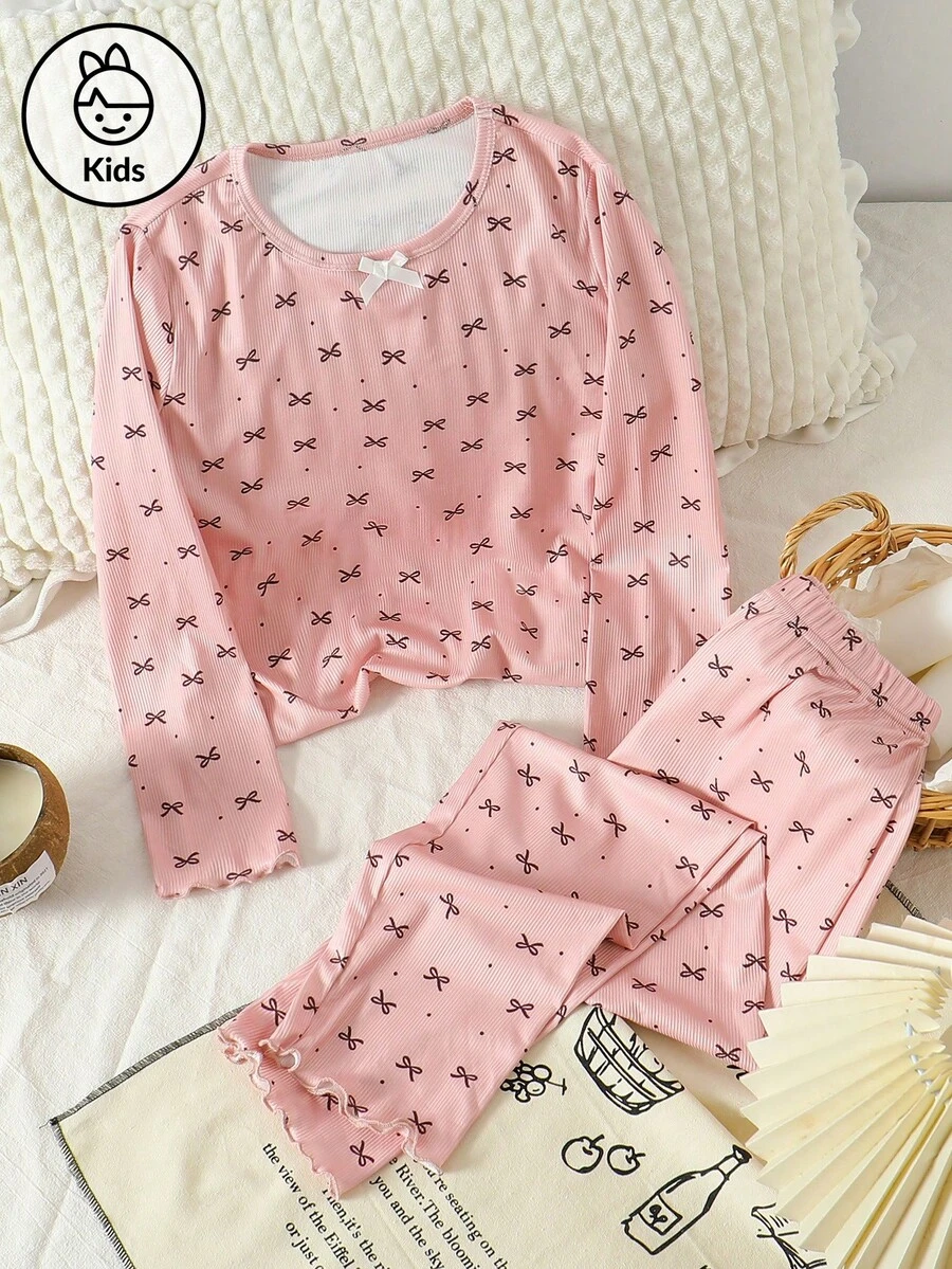 两件套女童睡衣套装,包括蝴蝶结印花荷叶边长袖上衣和休闲长裤,秋季款 - 藕粉色 - 查看 1