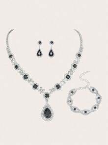 3 件/套水钻项链耳环手链奢华气质时尚水滴形吊坠首饰套装适合女性日常穿着、婚礼、派对等。 - 黑色 - 查看 12