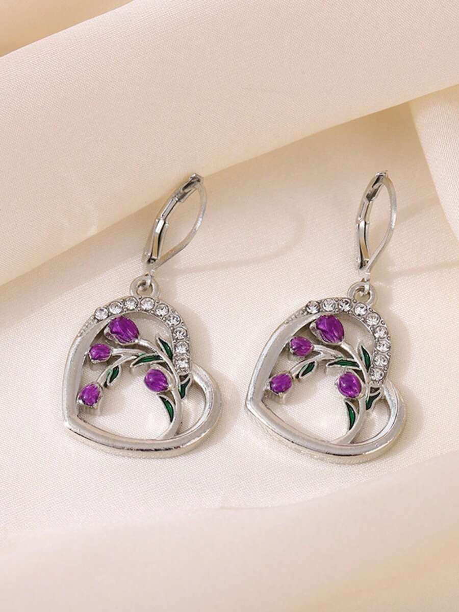 1 对银郁金香耳环紫色郁金香花吊坠耳环 - 纯银手工耳环，适合女士