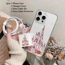 Set de 5 piezas con temática de Castillo del Paraíso Floral, que incluye Funda protectora de cable de datos con diseño + Funda de teléfono a juego apta para carga rápida de 20W, compatible con iPhone 16/16Pro/16ProMax/15/14/13, Protector de cable Nan, Accesorios de cargador, Accesorios de teléfono