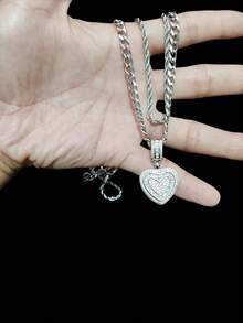 Bộ 2 món - 1 mặt dây chuyền hình trái tim Cubic Zirconia & 2 dây chuyền thép không gỉ, dây chuyền mặt dây chuyền phong cách Hip Hop dành cho nữ, dây chuyền mặt dây chuyền thời trang cổ điển, thích hợp đeo hàng ngày hoặc dự tiệc, quà tặng ngày lễ tình nhân - Vàng - Xem 8