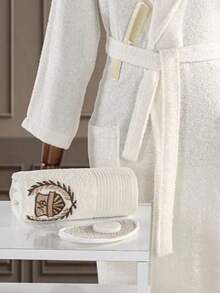 Shawl Collar Cotton Bathrobe with Embroidery detail on collar - S/M - L/XL- Made in Turkiye - 白色 - 查看 3