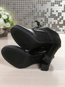 Fashionable High-End Elegant Vintage Minimalist Sophisticated Black Lace-Up Chunky Heel Women's High Heels, Western Style PU Leather Lace-Up Party Shoes - Black - View 6