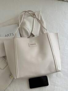 2pcs Women's Solid Color Embroidered Thread Fashion Large Capacity Shoulder Tote Bag With Snap Closure - White - View 4