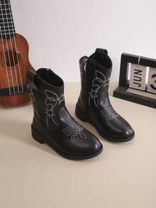 1双儿童时尚休闲牛仔靴，儿童秋冬刺绣中筒复古靴，儿童V型厚筒短靴 - 黑色 - 查看 5