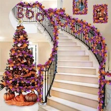 78.74 Inch Halloween Ribbon Wreath With Orange Pumpkin, Black Spider And Purple Bat - Indoor Outdoor Decor, Home And Tree Decoration, Halloween Decor