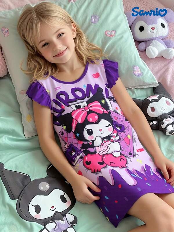 Sanrio Tween Girl Cartoon Letter Print Round Neck Cap Sleeve Casual Nightgown