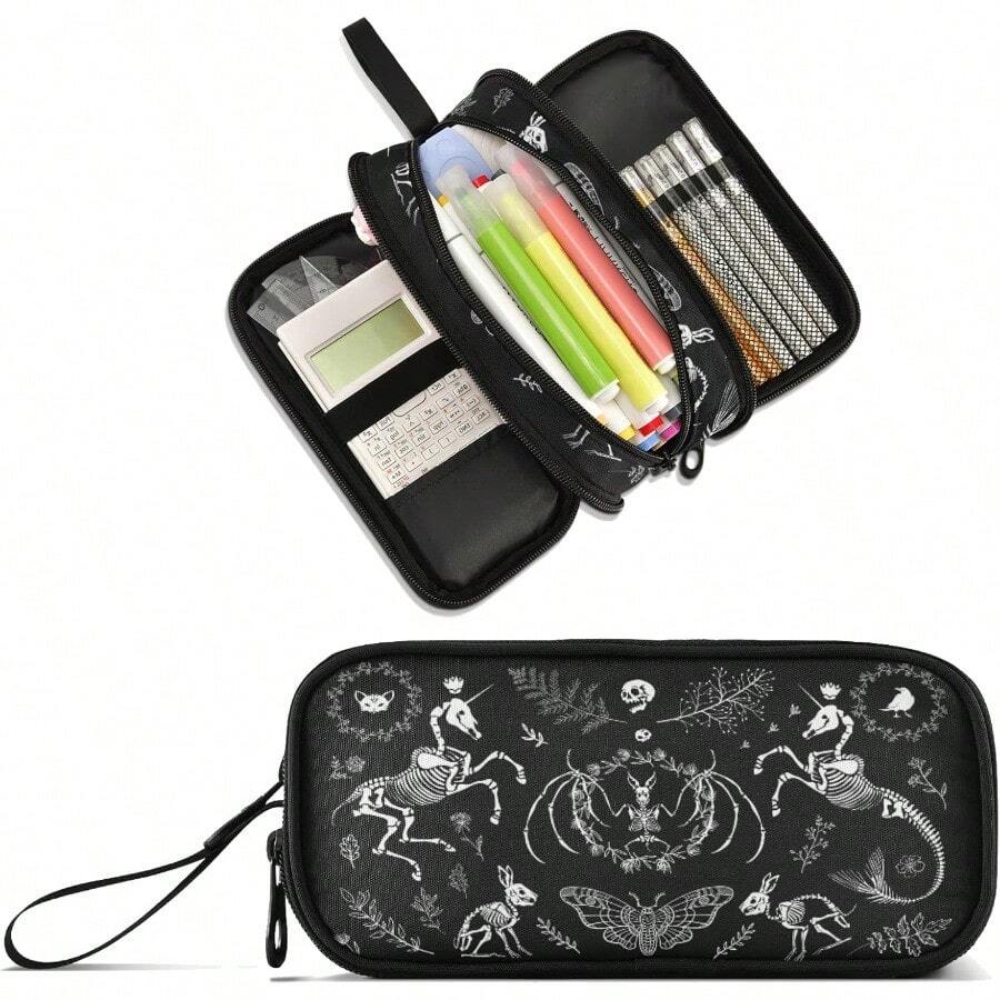 Skull Skeletons Large Capacity Pencil Case Halloween Gothic Pencil Pouch Office School Large Storage Pen Bag 3 Compartment Pencil Box For Adults School Teen Girl Boy Men Women-0142 - 頭骨骷髏 - 查看 1