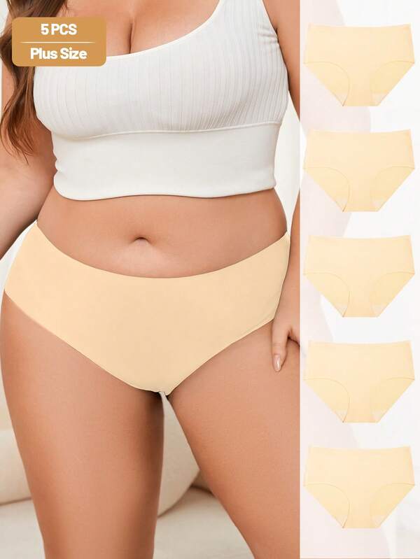 Pacote com 5 calcinhas plus size, cor sólida, invisíveis, sem costura, para mulheres, calcinhas íntimas macias para uso diário, roupa íntima e lingerie feminina