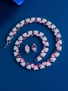 1 Set Beautiful Sparkling Purple And Pink Cubic Zirconia Chunky Luxury Round Wedding Bridal Party Choker Necklace And Earrings Jewelry Sets For Women - Purple - View 4