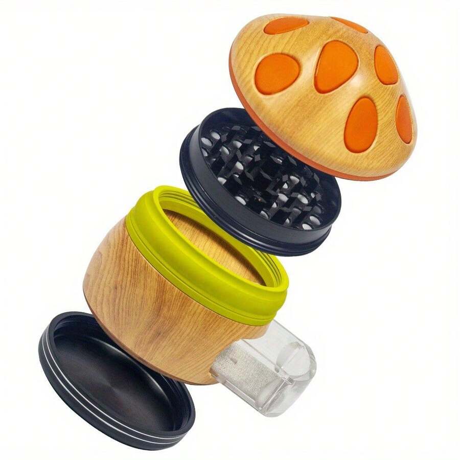 Cute Mushroom Zinc Alloy Metal Spice Grinder, 4 Layers Tobacco Grinder, Portable Stylish Wood Like Spice Grinder, Come With Cleaning Brush, Cone Holder Tubes, 5-In-1 Gift For Women Men - 彩色 - 查看 1