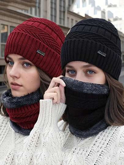 2 piezas Gorro de invierno térmico y cuello de punto grueso para mujer, estilo ajustado sin estiramiento, para clima frío al aire libre, material suave, regalo de invierno cálido, accesorios de invierno, atuendos de invierno, regalo de San Valentín esponjoso