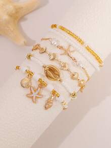 6pcs/Set Bohemian Style Shell & Bead Bracelet With Starfish & Seashell Pendants For Women (Random Bead Color Combination) - Multicolor - View 3