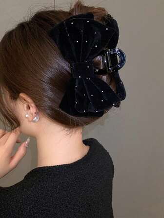 1 件女式天鹅绒水钻大号双蝴蝶结发夹，优雅甜美时尚，适合学校、派对、芭蕾、日常佩戴时尚发饰优雅发夹秋冬度假装女士