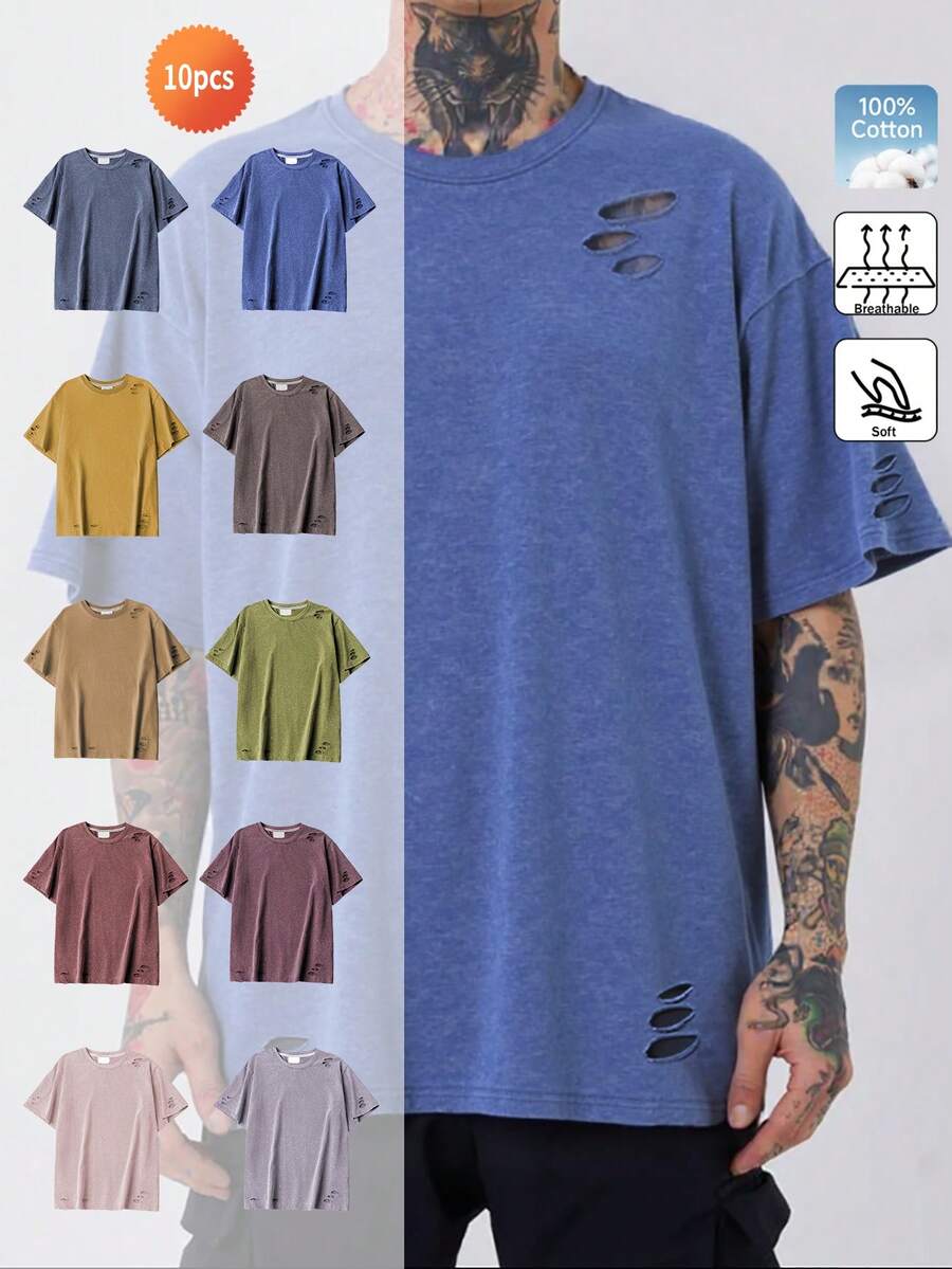 Cotton fried flower T-shirt, ribbed collision collegiate style spring and summer new sports men's clothing, soft and breathable men's short-sleeved tops, multi-coloured ten-piece set