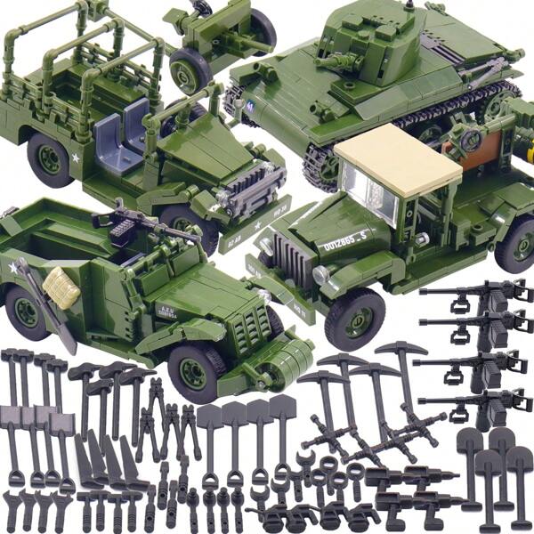 300+Pcs Classic Combat Vehicle Armored Fighting Truck Educational Toys Military Tank Model Plastic Building Block Set Collection Adult Gift Halloween Christmas