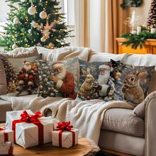 4pcs Vintage Santa Claus & Rabbit Printed Pillow Case Set - Peach Velvet Pillow Cover 45*45cm