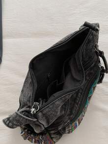 Túi đeo chéo nhiều lớp bằng vải jeans mềm mại, phong cách thường ngày, với nhiều ngăn, đa năng, dung tích lớn, phù hợp cho công sở, đi làm, mua sắm và du lịch, hoàn hảo cho phong cách "cô nàng cao bồi". - màu đen - Xem 10