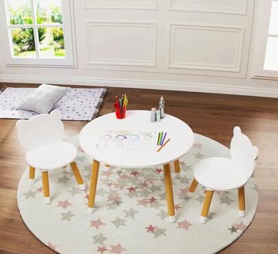 Kids Wood Table And Chair Set, Kids Play Table With 2 Chairs,3 Pieces Kids Round Table For Toddlers, Girls, Boys,White,9914315