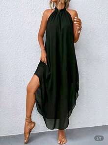Elegant Sleeveless Mock Neck Asymmetrical Hem Halter Dress | Casual Loose Simple Spring Summer Outfits For Women, Vacation Outfits - 黑色 - 查看 4