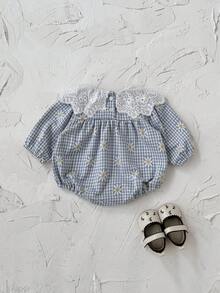 Baby Girl Cute Ditsy Floral Ruffle Collar Bodysuit, Spring/Autumn - Blue - View 9