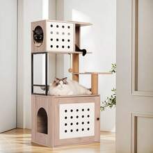OMCPET Cat Tree Large Cat Tower With Litter Box Enclosure, All-In-One Cat Tower For Indoor Cats With Cat Bed, Food Bowl Station, Scratching Posts And Openable Cabinet Doors, Modern Style Pet Furniture, Cat Condo For Adult Cats Kittens - Grey - View 7