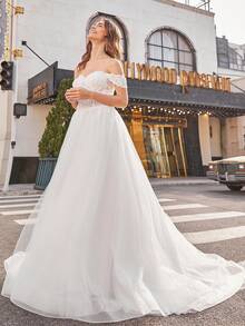 Elasola Elegantes vestidos de noche de encaje con cuello en V y abertura lateral para mujeres, vestidos de graduación de sirena brillante de encaje largo para bodas - Beis - Ver 10