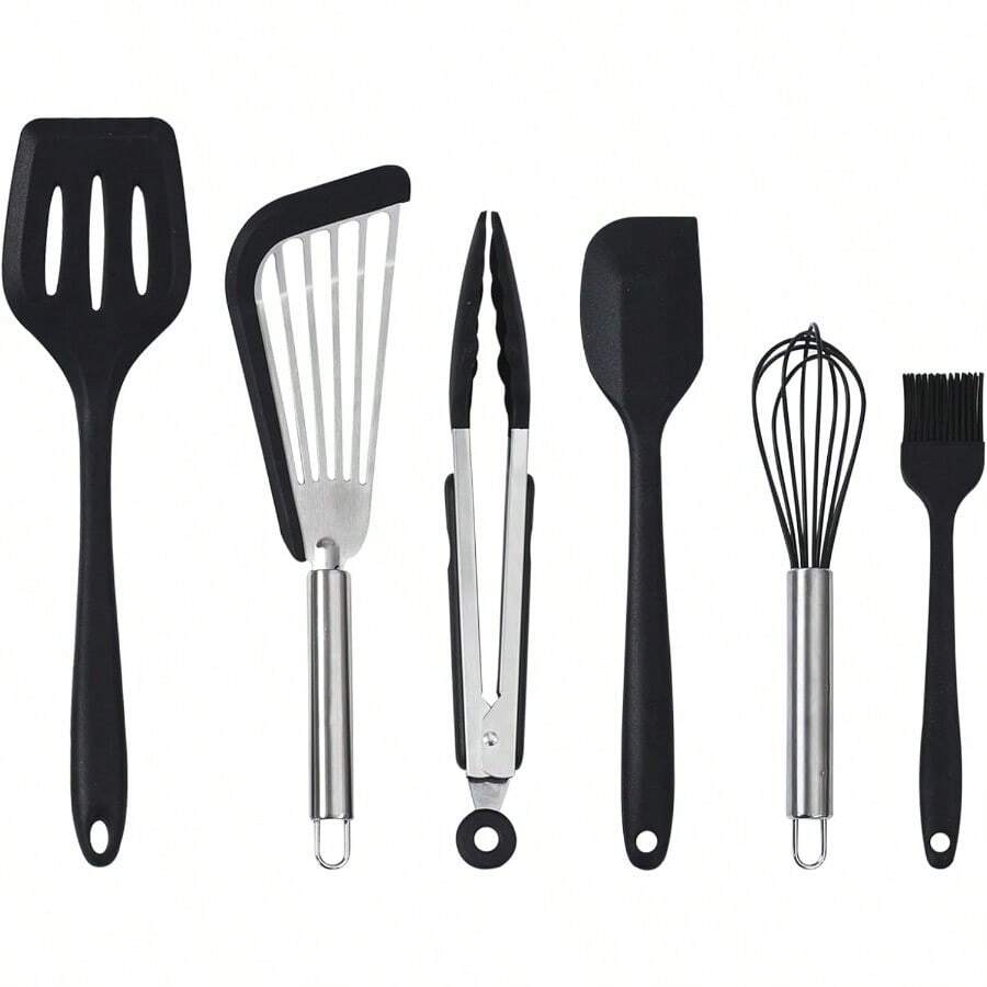 Silicone Black Cooking Utensil Set 6 Piece Kitchen Utensil Set Spatula Set Nonstick Cookware Kitchen Utensil Gadget Tool Dishwasher Safe - Black - View 1