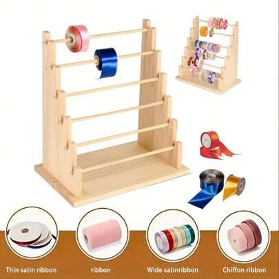 Organizador de fios de madeira, 1 peça, suporte vertical de mesa para costura, embrulho para presente, armazenamento de fitas e fios, materiais de artesanato, acessórios para cabelo, com suporte para carretéis, armazenamento de fitas, organizador de fitas de papel, suporte para exposição de materiais de costura, suporte multifuncional para joias, organizador de acessórios para cabelo, adequado para salas de artesanato, padarias, floriculturas e uso doméstico diário