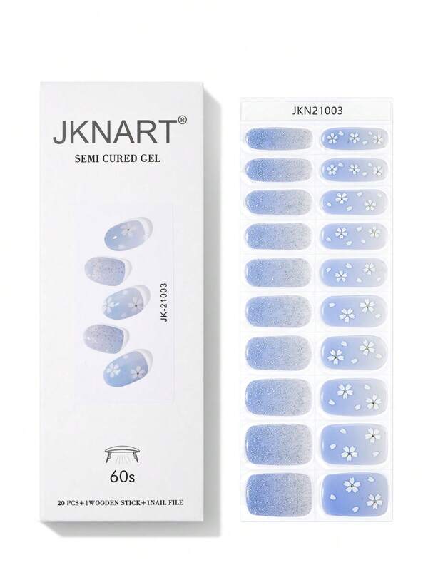 JKNART 20pcs Semi-Cured Gel Nail Art Stickers, Blue UV Gel Nail Polish Stickers, Full Nail Wraps Semi-Cured 2nd Generation Soft Gel Nail Strips [Need Lamp Curing], Semi-Cured Gel Nail Stickers