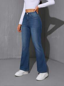 Damen Winter Warm Klassische Bootcut Jeans mit Whiskerring, bürotauglich und bequem für Reisen, Stretch Denim Hose - Blau - Übersicht 4