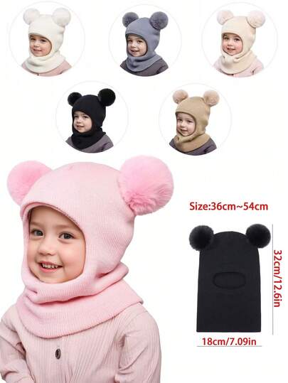 1 pieza Gorro balaclava para niños, gorro de punto con orejeras y pompones dobles de unicolor, cálido y a prueba de viento, adecuado para niños menores de 8 años