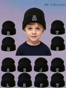 1 件儿童 26 个字母针织帽，温暖，可爱，帽子，日常时尚，返校礼物 - 黑色 - 查看 1