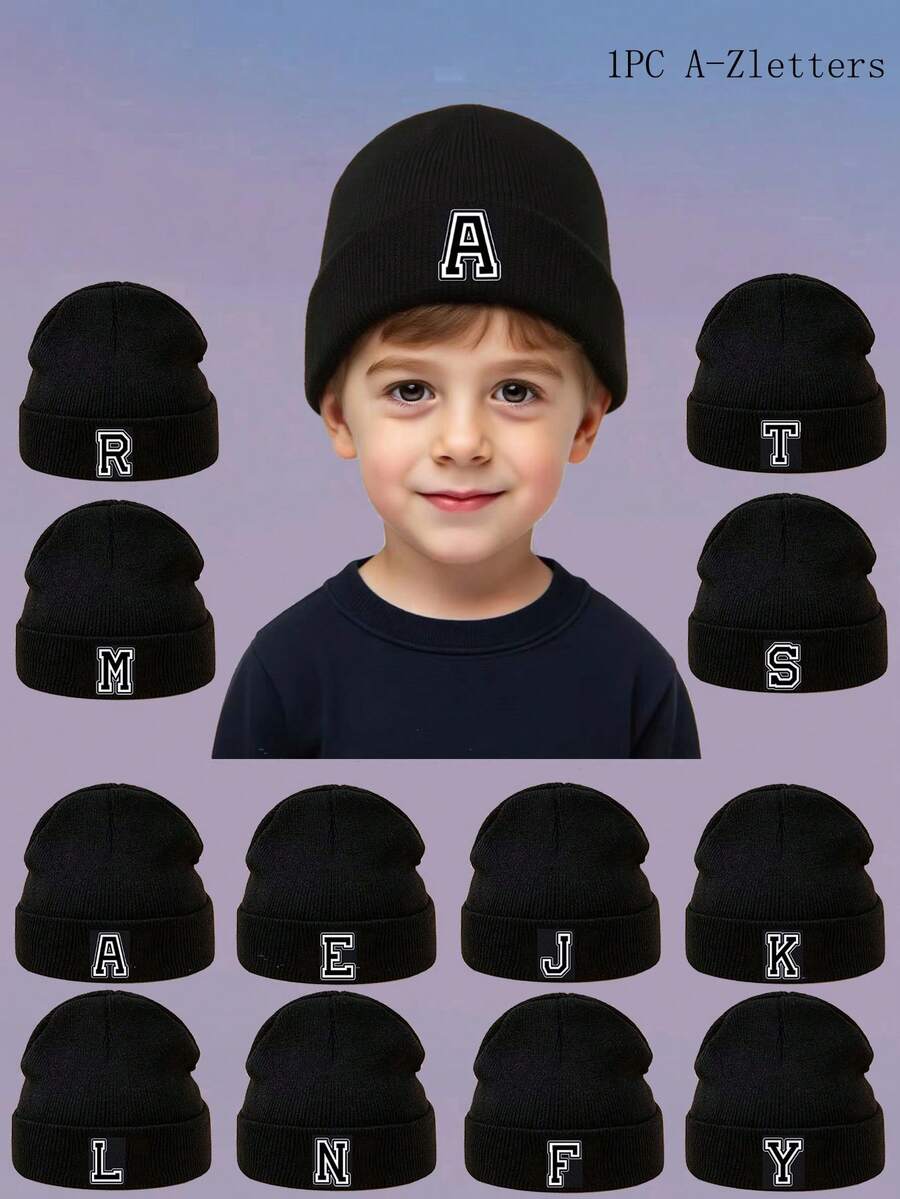 1 件儿童 26 个字母针织帽，温暖，可爱，帽子，日常时尚，返校礼物 - 黑色 - 查看 1