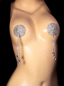 2 件时尚圆形水滴流苏乳贴，性感水钻身体饰品链，适合女士 - 銀色 - 查看 1