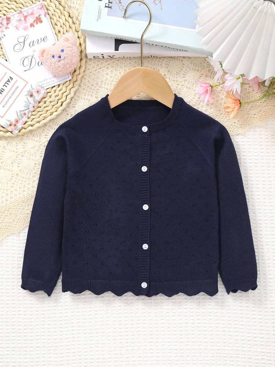 Infant Girl Solid Color Soft Lightweight Hollow Pattern Button Long Sleeve Knitted Cardigan Jacket, Suitable For Outing Matching - Royal Blue - View 1