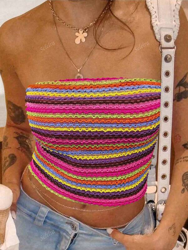 Zomerse slim fit bandeau-tubetop voor dames - kleurrijke strepen met textuur, minimalistische en vintage stijl voor strand, St. Patrick's Day, concerten en ravefestivals