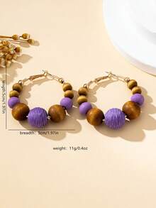 1 par de pendientes de aro de moda para mujer, pendientes de cuentas de madera con estilo bohemio, adecuados para uso diario, vacaciones y como regalo - Morado - Ver 6