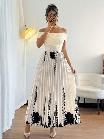 女式夏季度假风格交叉裹身露肩收腰褶边连衣裙