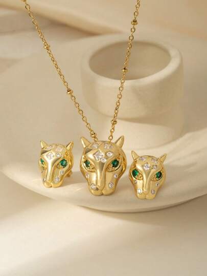 3pcs Stainless Steel 18K Gold Plated Fashion Minimalist European & American Style Green Cat Eye Stone Geometric Rhombus Pendant Necklace Set, Suitable For Women Party Wear, Birthday Gift