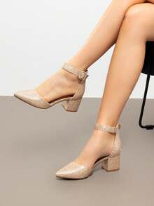 Women's Chunky Closed Toe Low Block Heels Dress Pointed Toe Ankle Strap Wedding Pump Shoes - Vàng lấp lánh - Xem 1