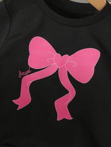 2 件套年轻女孩运动衫套装，黑色长袖圆领运动衫，蝴蝶结印花，水钻刺绣直筒牛仔裤，2025 年秋季新品 - 黑色 - 查看 3