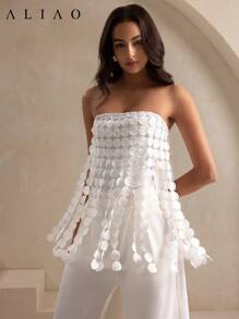 Aliao Laser Cut Multi Circle Double Layered Minimalist Geometric Tassel Tube Top, Removable Halter Top, Polka Dot, White Top - White - View 4