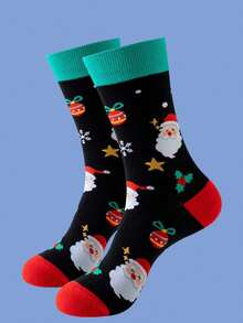 1 Pair Of Men's Christmas Themed Creative Socks With Cute Cartoon Design, Suitable For Both Men And Women, Preferred As Holiday Gifts, Comfortable And Elastic, Black Background With Red And Green Elements, It Is A Great Must-Have Christmas Gift For Autumn And Winter. Socks Are Essential For Shopping, Hiking, Sports, And Travel - Multicolor - View 5
