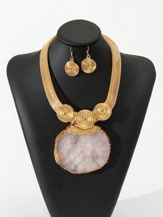 European & American Boho Exaggerated Luxury Personalized White Marble Wrapped Aluminum Wire Pendant Necklace Set