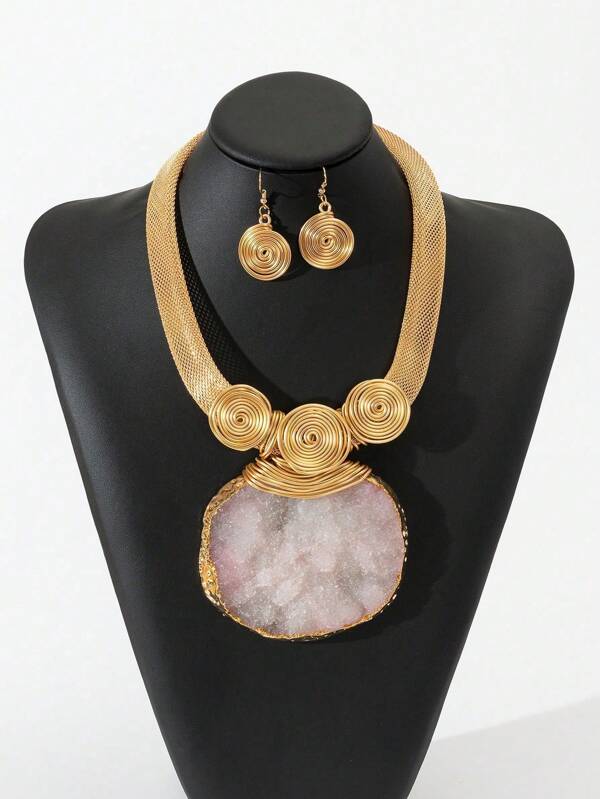 Conjunto de Colar Pendente de Fio de Alumínio Envolto em Mármore Branco Personalizado de Luxo Exagerado Estilo Boho Europeu e Americano