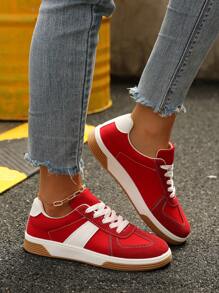 2025秋季女款拼色休闲运动鞋，时尚百搭平底运动鞋，适合散步、日常通勤穿着，学生系带滑板鞋