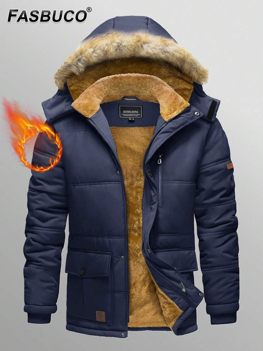 KEFITEVD Men's Winter Jacket With Hood Water-Repellent Windproof Thick Parka Winter Coat - Navy Blue - View 1